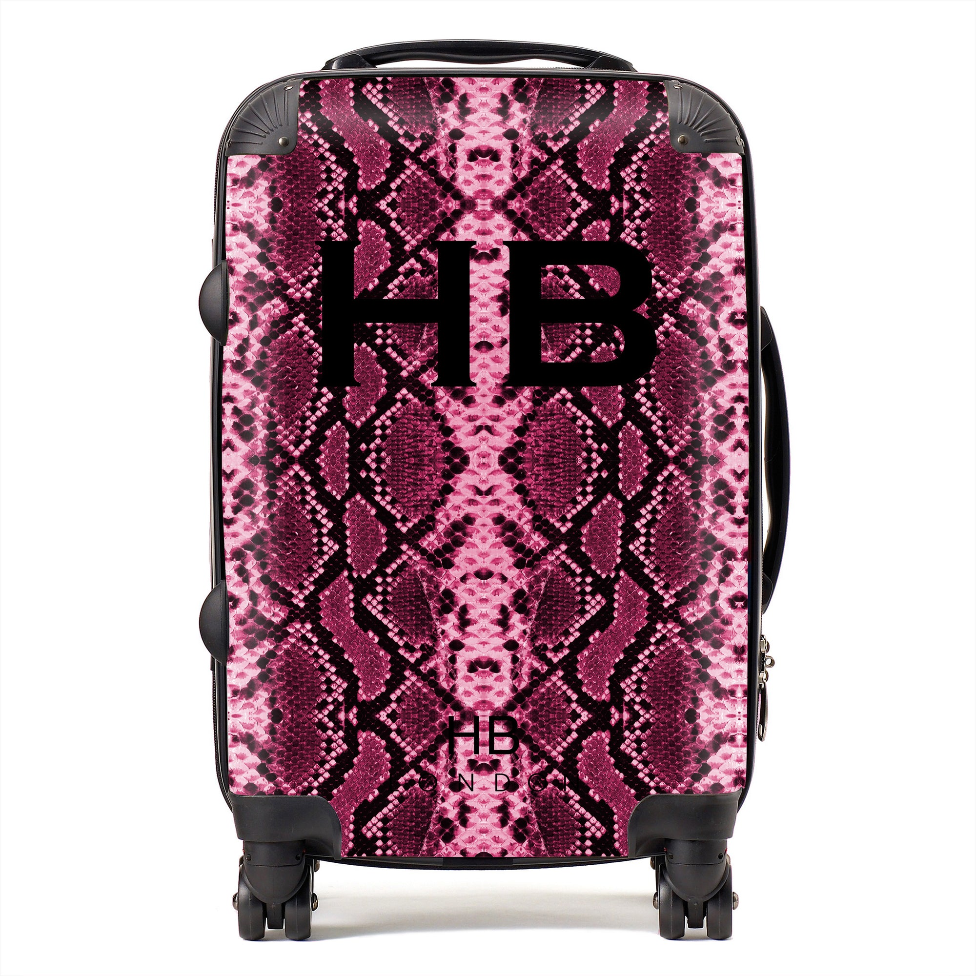Personalised Cranberry Snake Skin Print with Black Font Initial Suitcase - HB LONDON
