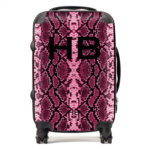 Personalised Cranberry Snake Skin Print with Black Font Initial Suitcase - HB LONDON