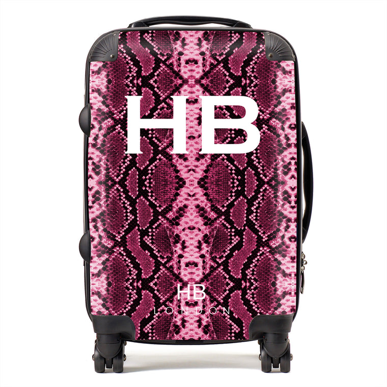 Personalised Cranberry Snake Skin Print with White Font Initial Suitcase - HB LONDON