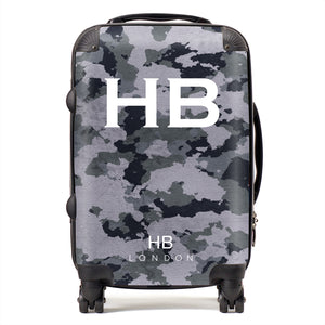 Personalised Dark Grey Camouflage with White Font Initial Suitcase - HB LONDON