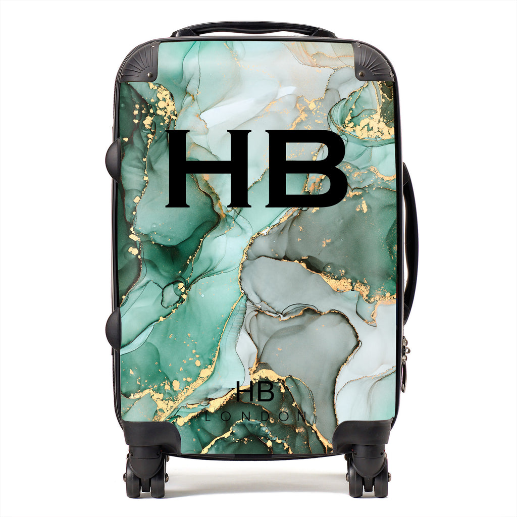Personalised Emerald and Gold Ink Marble with Black Font Initial Suitcase - HB LONDON