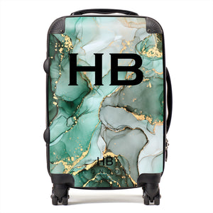 Personalised Emerald and Gold Ink Marble with Black Font Initial Suitcase - HB LONDON