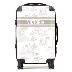 Personalised Greige French Toile with Designer Font Initial Suitcase - HB LONDON