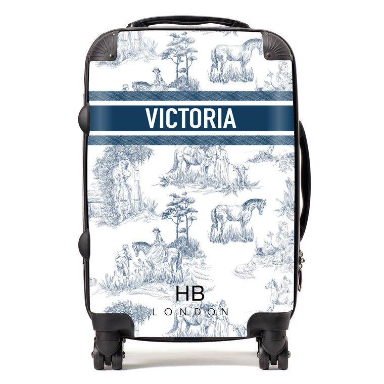 Personalised Navy French Toile with Designer Font Initial Suitcase - HB LONDON