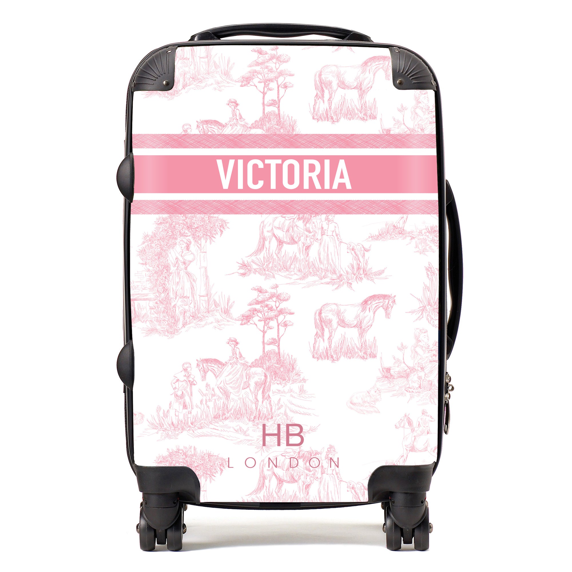 Personalised Pink French Toile with Designer Font Initial Suitcase - HB LONDON