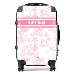 Personalised Pink French Toile with Designer Font Initial Suitcase - HB LONDON