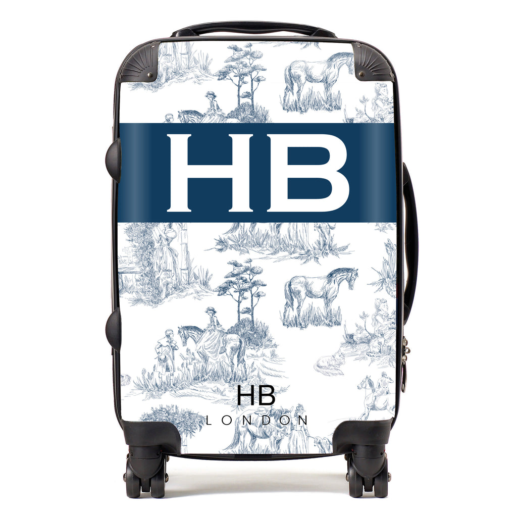 Personalised Navy French Toile with Original Font Initial Suitcase - HB LONDON