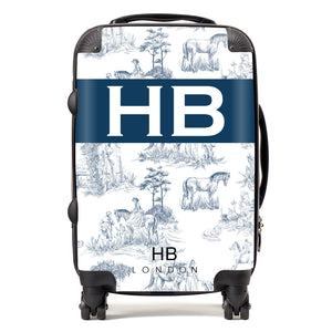 Personalised Navy French Toile with Original Font Initial Suitcase - HB LONDON