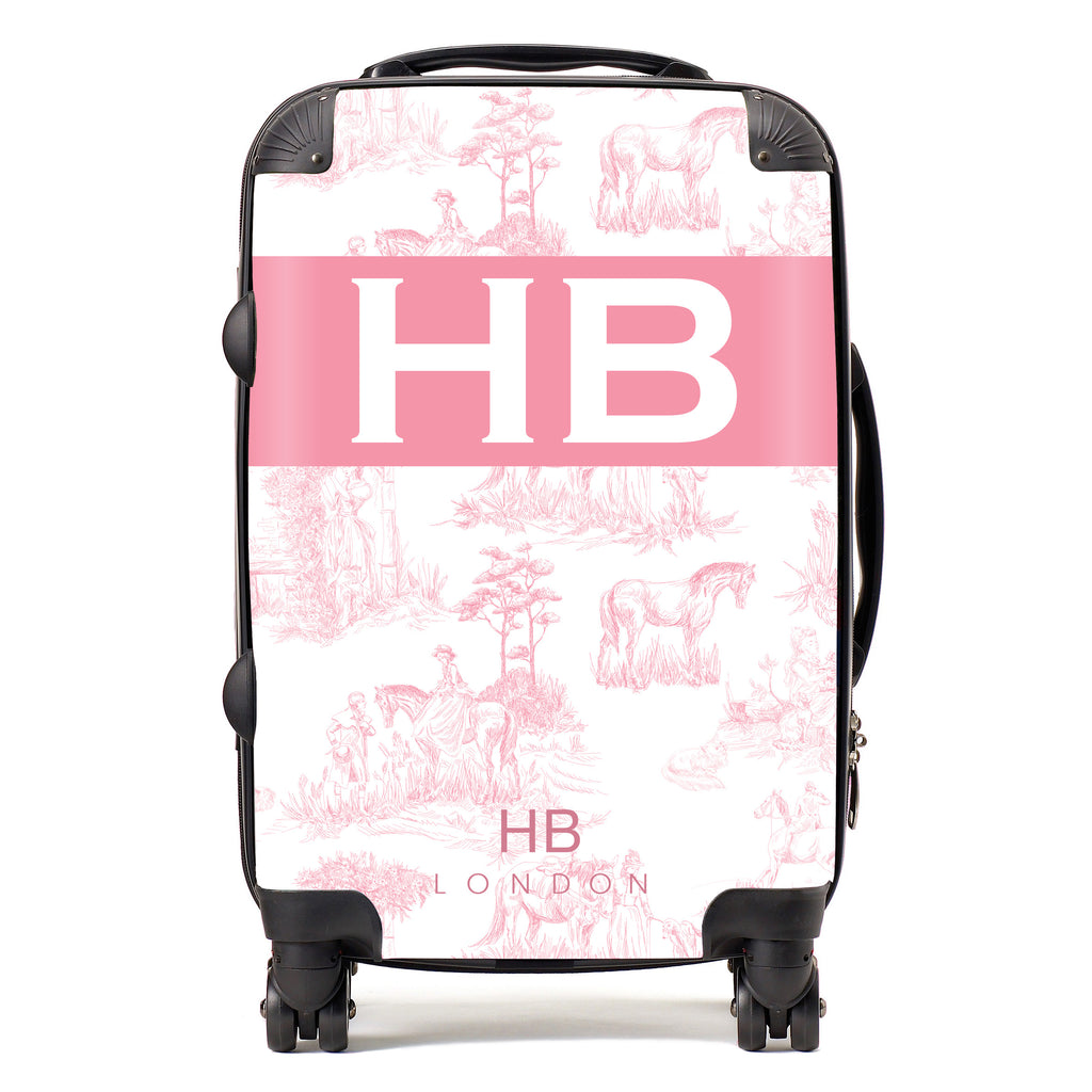 Personalised Pink French Toile with Original Font Initial Suitcase - HB LONDON