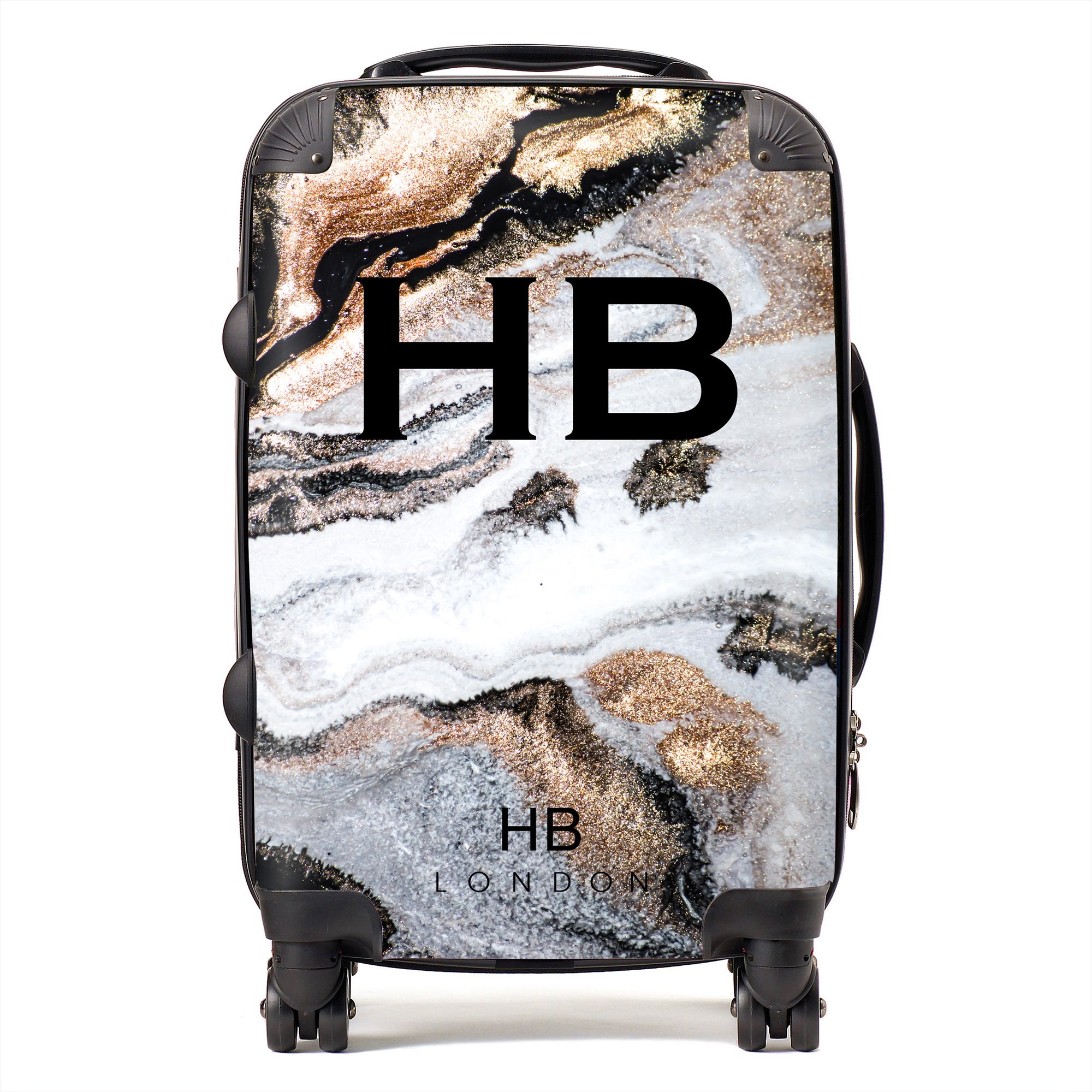 Personalised Golden Charcoal Liquid Marble with Black Font Initial Suitcase - HB LONDON