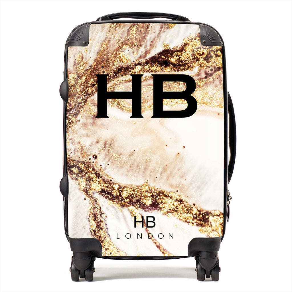 Personalised Golden Cracked Marble with Black Font Initial Suitcase - HB LONDON