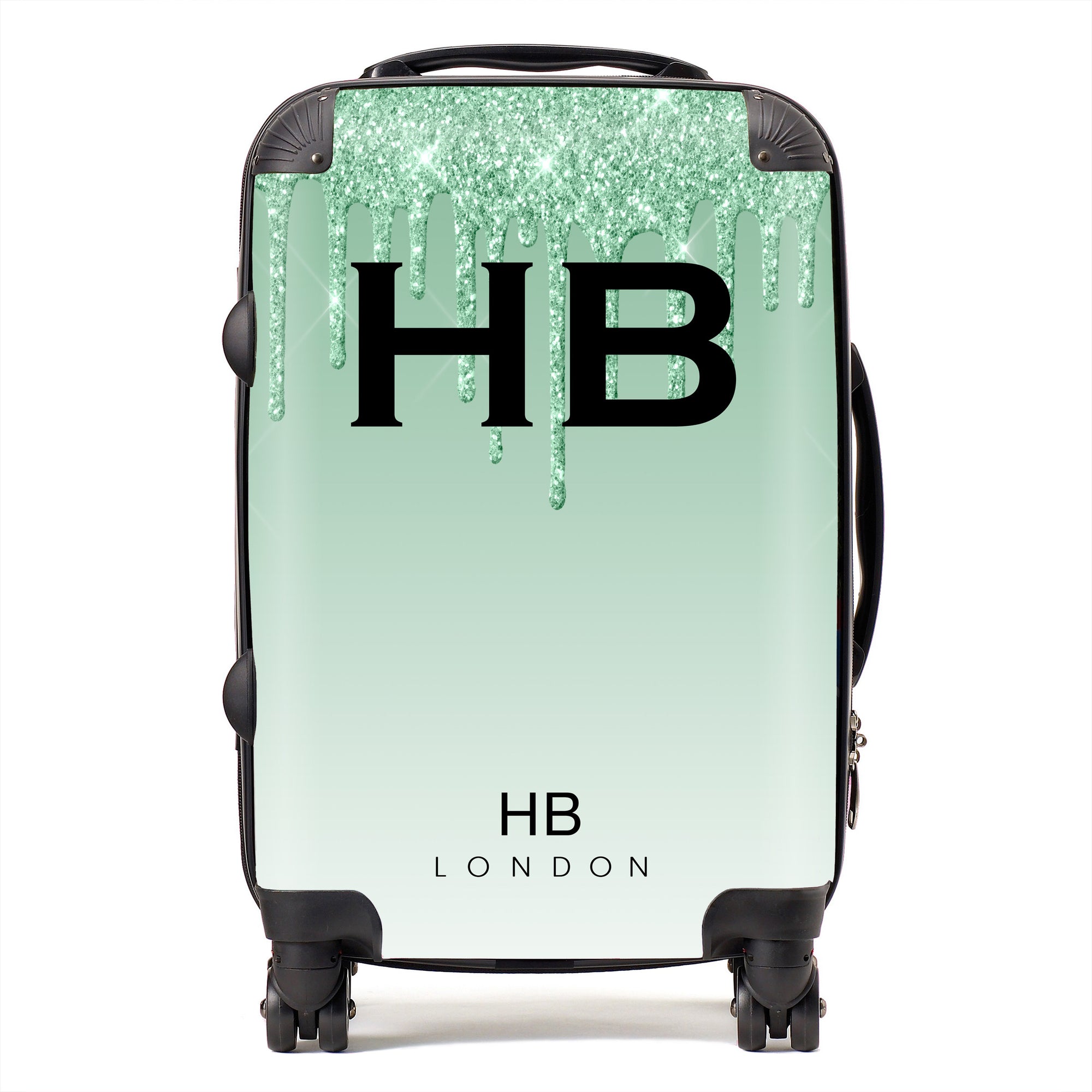 Personalised Green Drip Glitter Effect with Black Font Initial Suitcase - HB LONDON