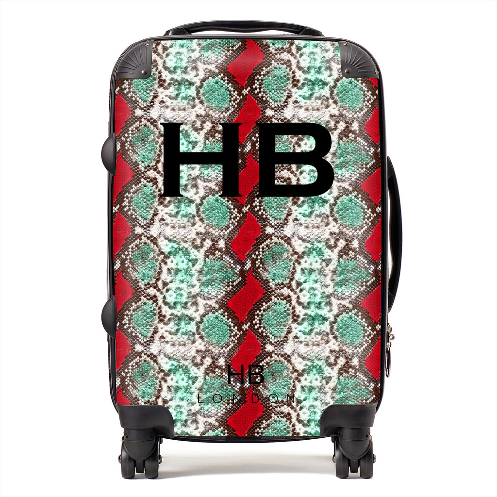 Personalised Green and Red Snake Skin Print with Black Font Initial Suitcase - HB LONDON