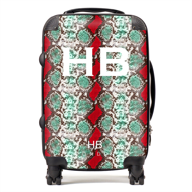 Personalised Green and Red Snake Skin Print with White Font Initial Suitcase - HB LONDON