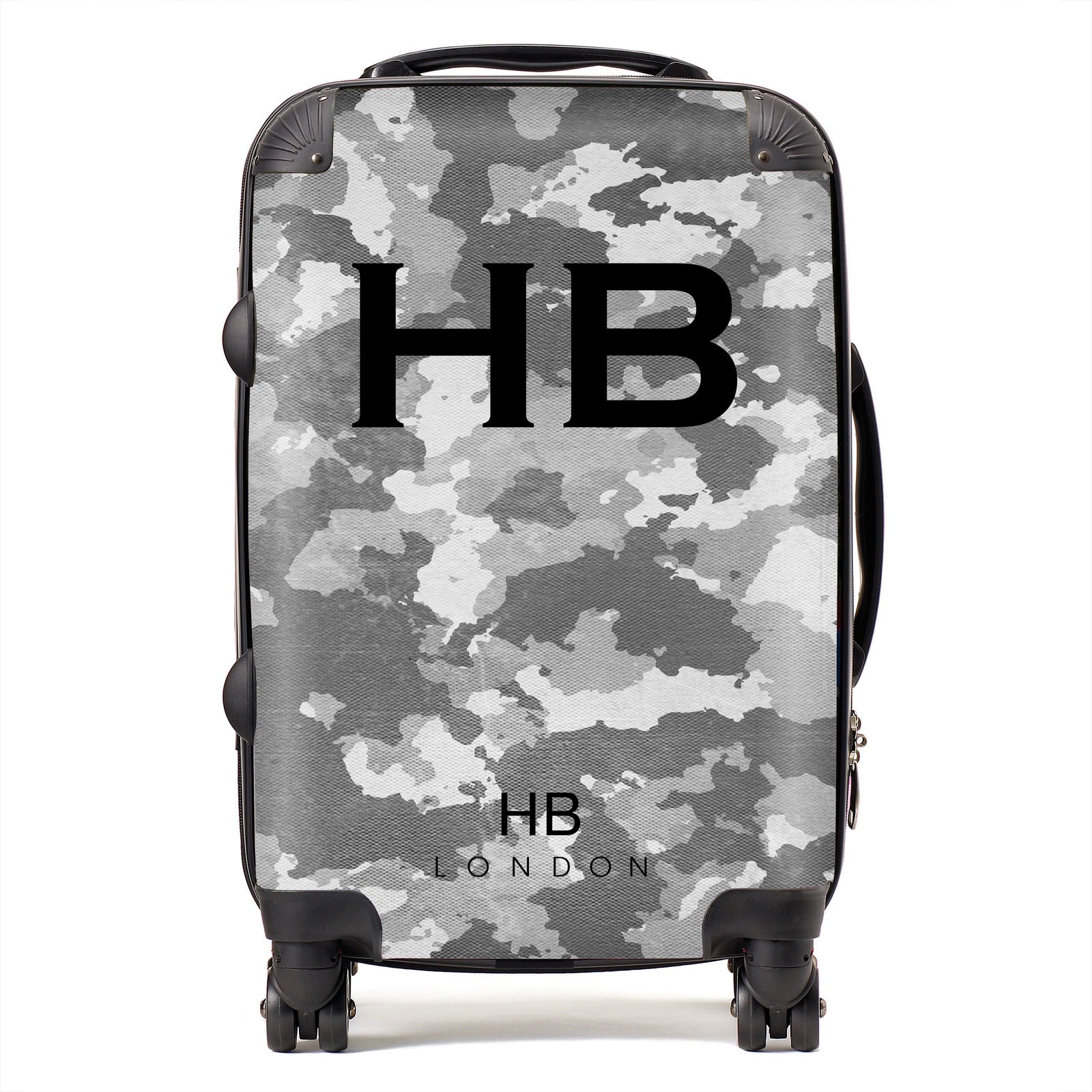 Personalised Grey Camouflage with Black Font Initial Suitcase - HB LONDON