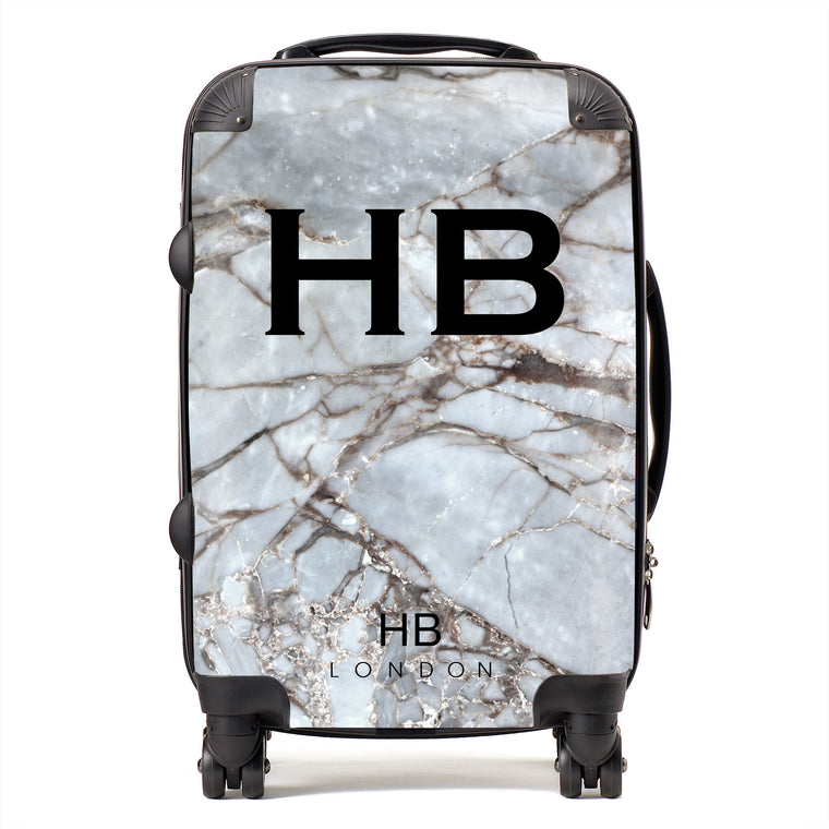 Personalised Silver Grey Shattered Marble Initial Suitcase - HB LONDON