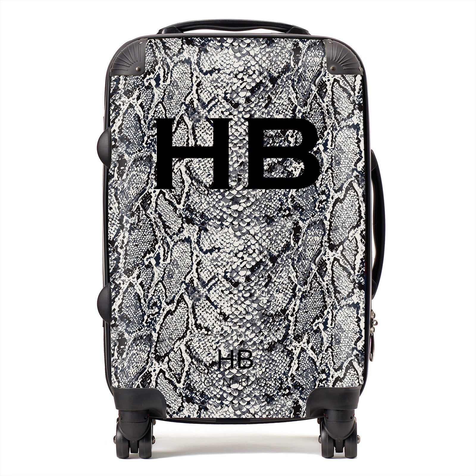 Personalised Grey Snake Skin Print with Black Font Initial Suitcase - HB LONDON