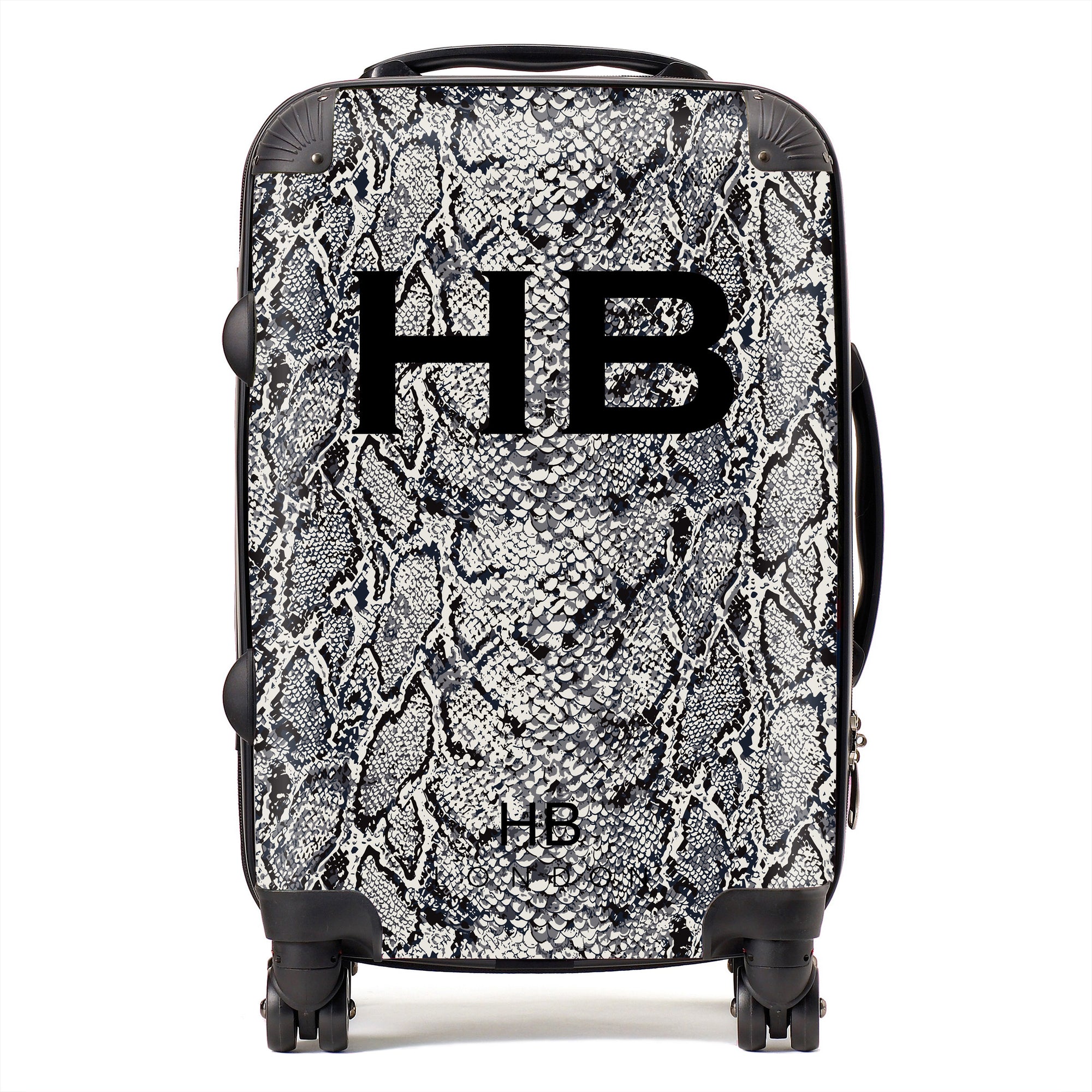 Personalised Grey Snake Skin Print with Black Font Initial Suitcase - HB LONDON