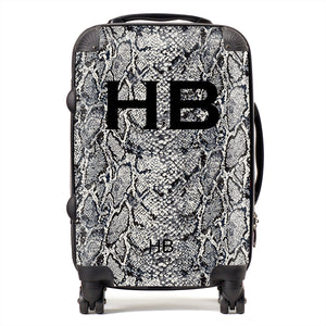 Personalised Grey Snake Skin Print with Black Font Initial Suitcase - HB LONDON