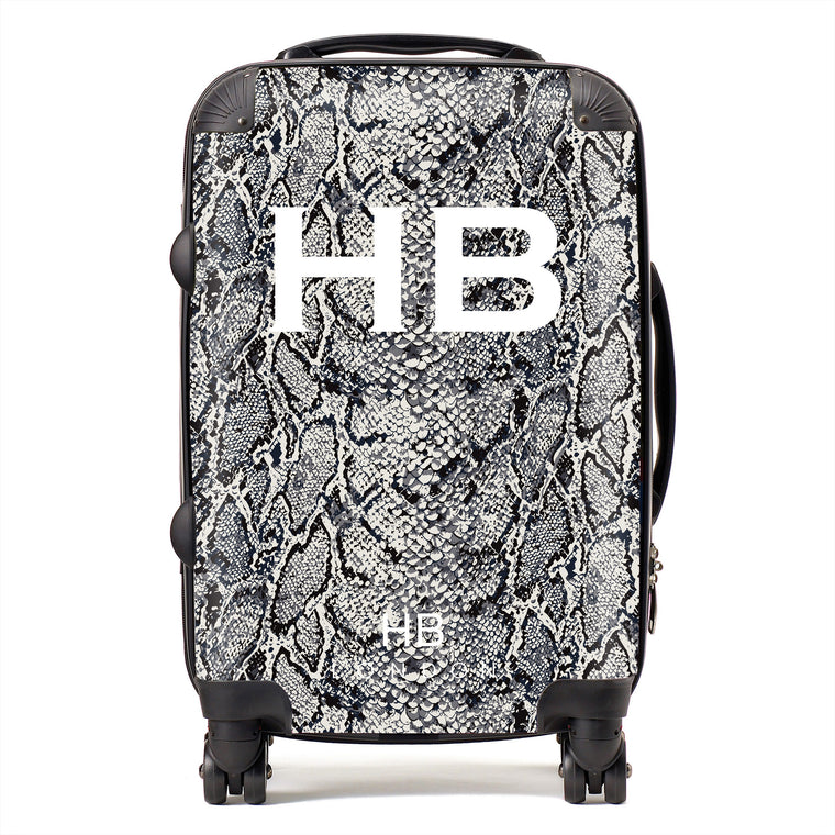Personalised Grey Snake Skin Print with White Font Initial Suitcase - HB LONDON
