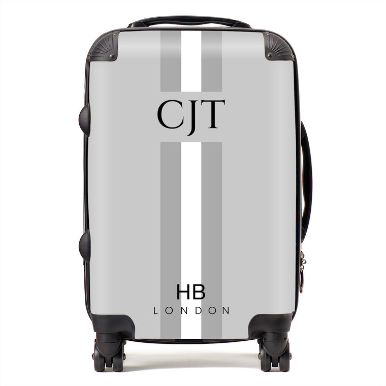Personalised Grey, White and Grey Stripe with Black Font Initial Suitcase - HB LONDON
