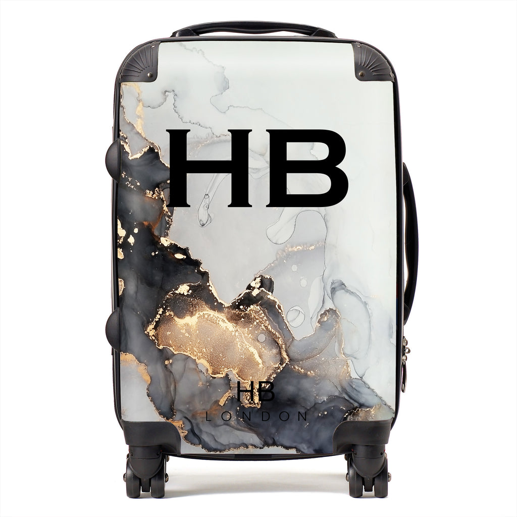 Personalised Grey, Charcoal and Gold Ink Marble with Black Font Initial Suitcase - HB LONDON
