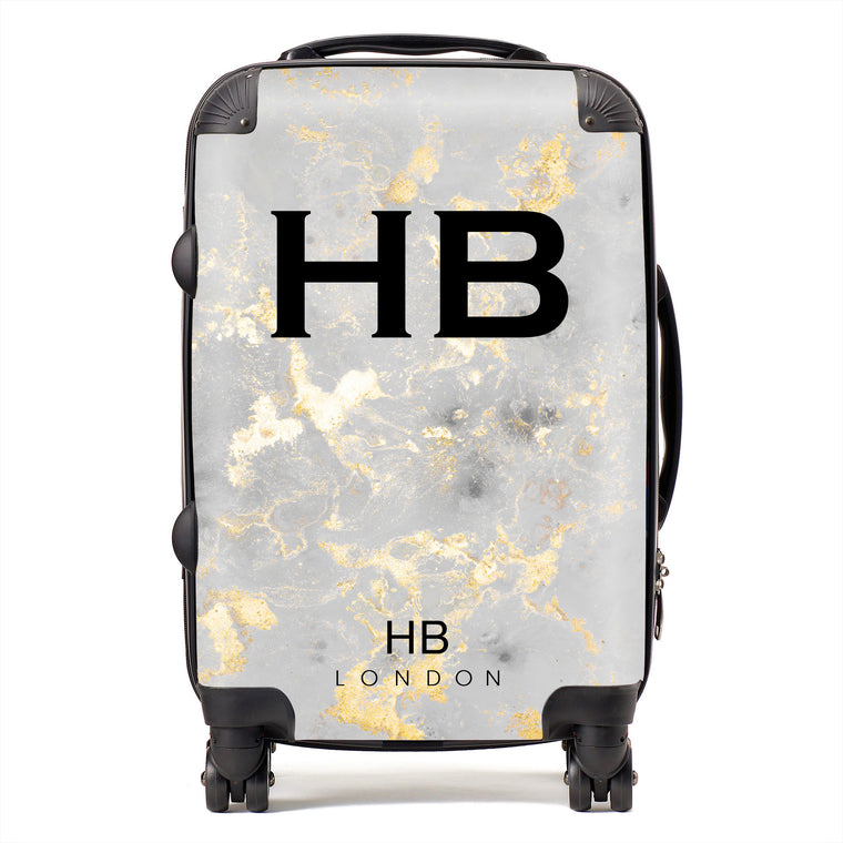 Personalised Grey and Gold Foil Marble Initial Suitcase - HB LONDON