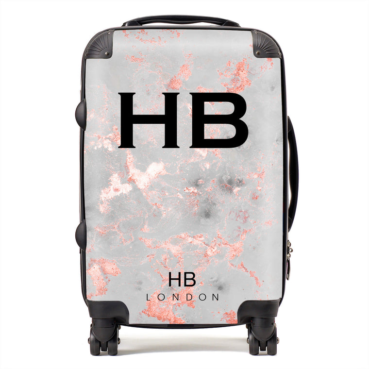 Personalised Grey and Rose Gold Foil Marble Initial Suitcase - HB LONDON