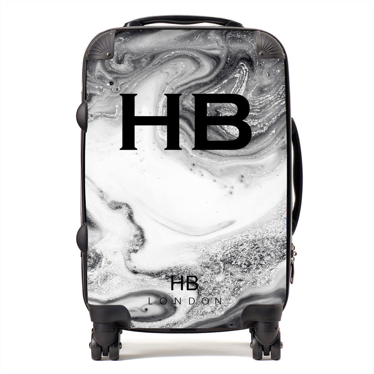 Personalised Grey and White Liquid Marble with Black Font Initial Suitcase - HB LONDON