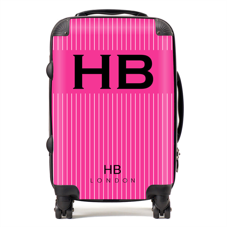 Personalised Hot Pink Pinstripe with Black Font Initial Suitcase - HB LONDON