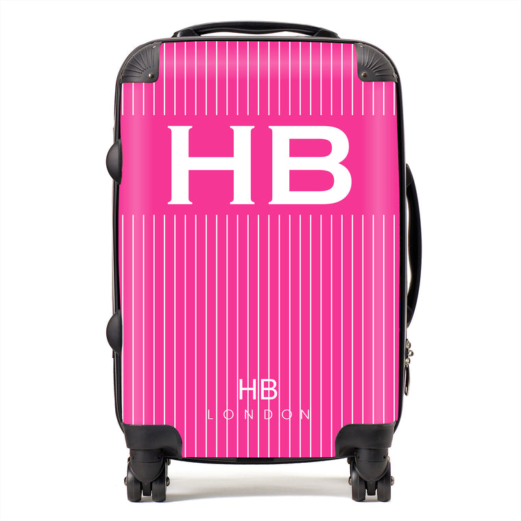 Personalised Hot Pink Pinstripe with White Font Initial Suitcase - HB LONDON