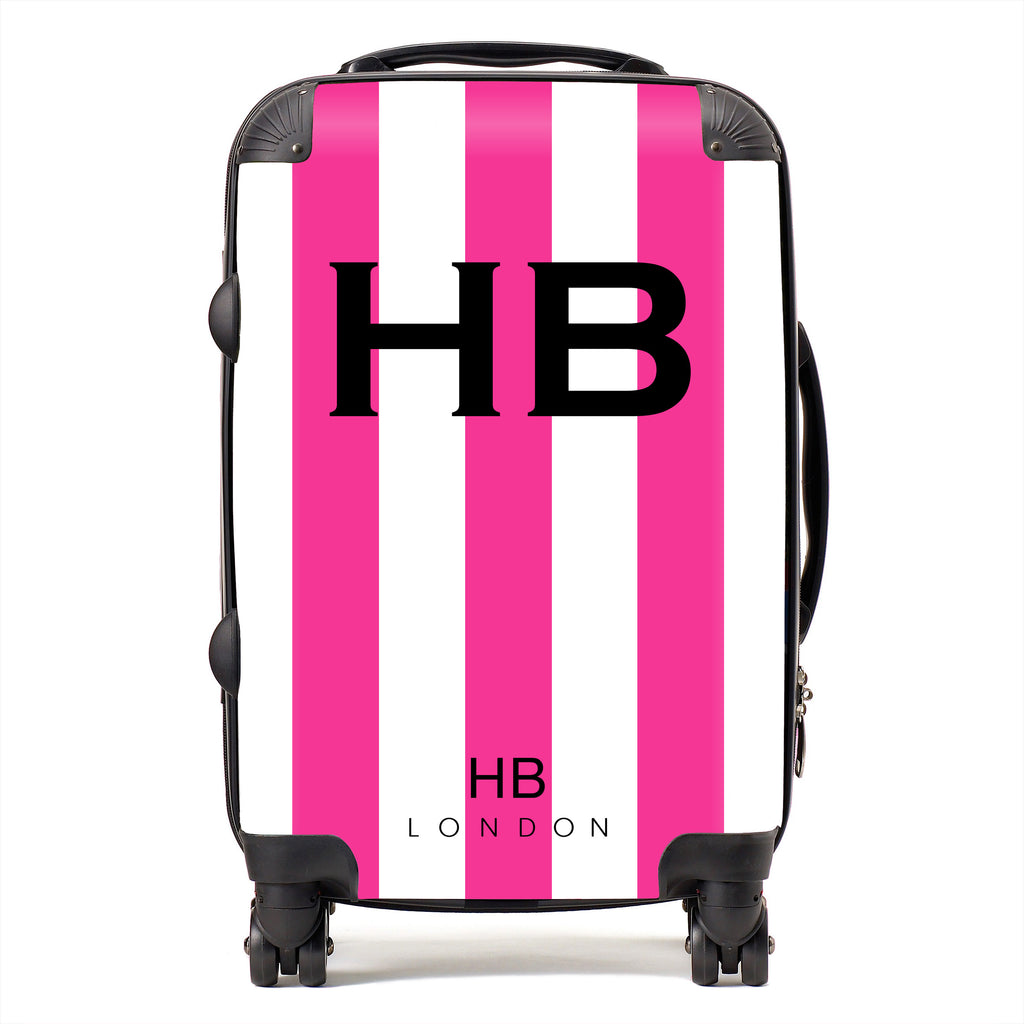 Personalised Hot Pink and White Stripe with Black Font Initial Suitcase - HB LONDON