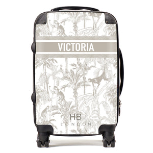 Personalised Greige Jungle Toile with Designer Font Initial Suitcase - HB LONDON