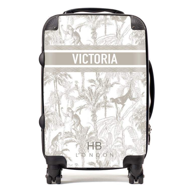Personalised Greige Jungle Toile with Designer Font Initial Suitcase - HB LONDON