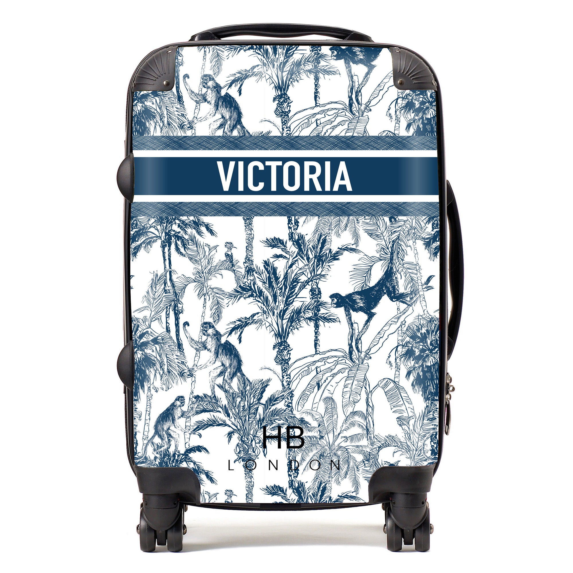 Personalised Navy Jungle Toile with Designer Font Initial Suitcase - HB LONDON