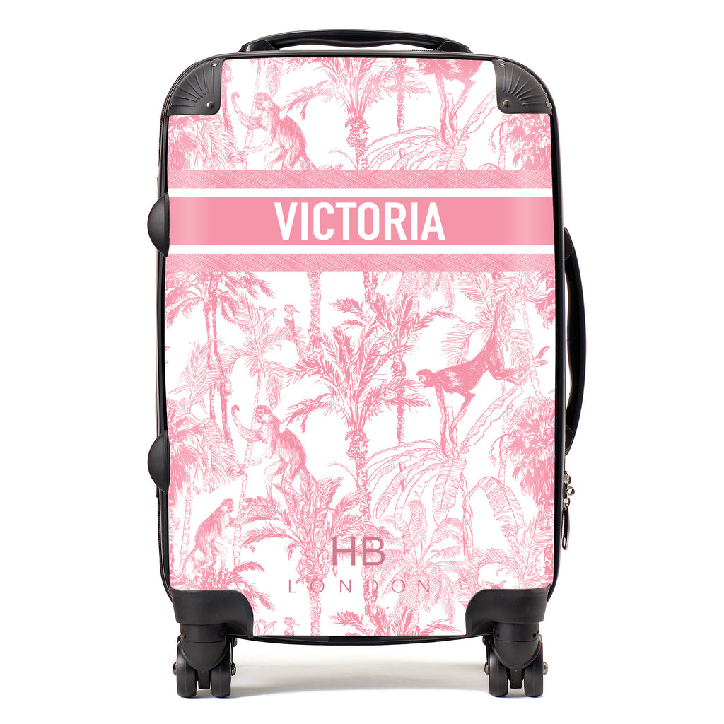 Personalised Pink Jungle Toile with Designer Font Initial Suitcase - HB LONDON