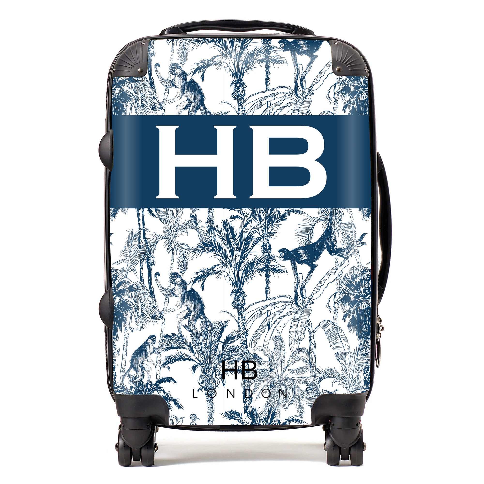 Personalised Navy Jungle Toile with Original Font Initial Suitcase - HB LONDON