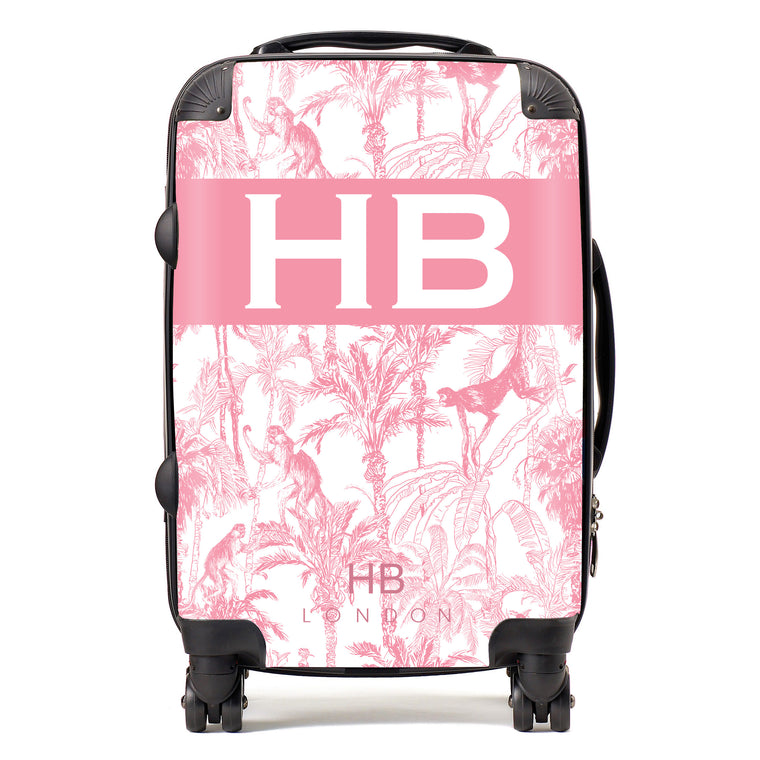 Personalised Pink Jungle Toile with Original Font Initial Suitcase - HB LONDON