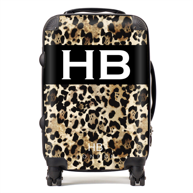 Personalised Leopard Print with White Font Initial Suitcase - HB LONDON