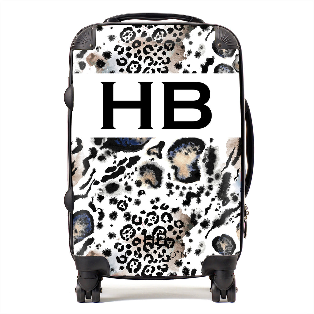 Personalised Snow Leopard and Tiger Print with Black Font Initial Suitcase - HB LONDON
