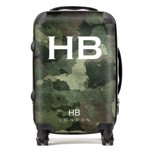 Personalised Dark Green Camouflage with White Font Initial Suitcase - HB LONDON