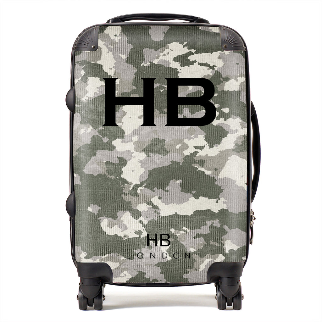 Personalised Green Camouflage with Black Font Initial Suitcase - HB LONDON