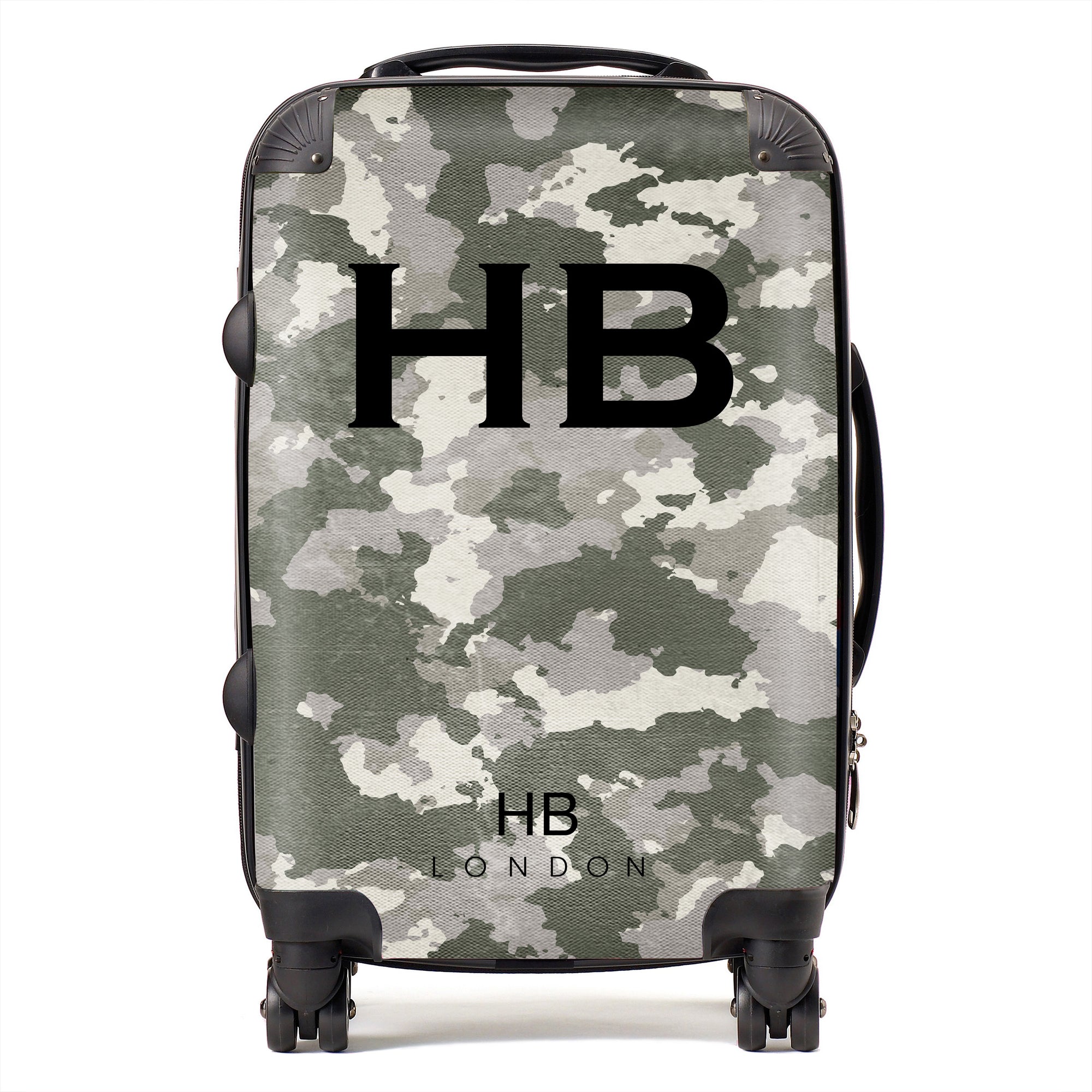 Personalised Green Camouflage with Black Font Initial Suitcase - HB LONDON