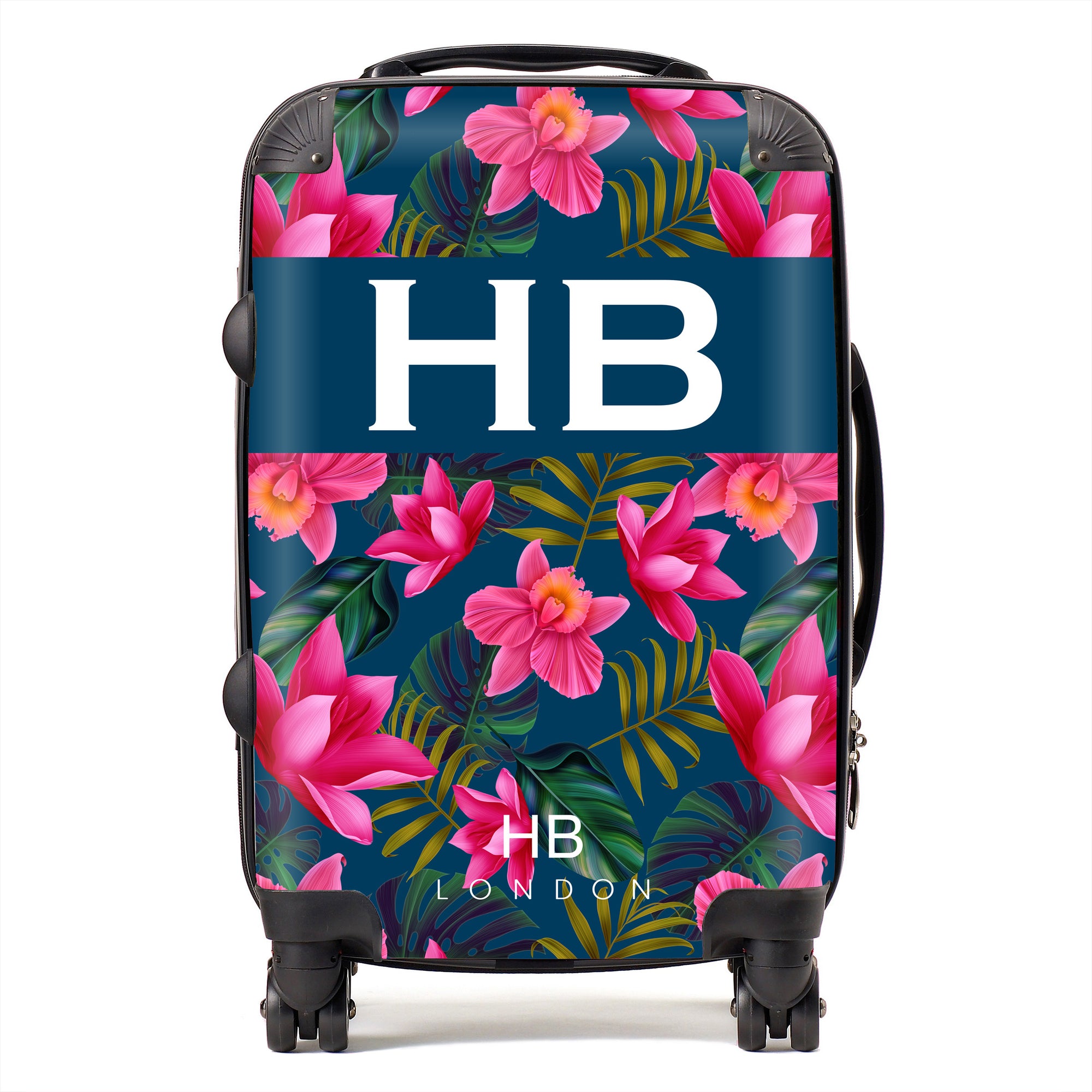 Personalised Navy Blue and Bright Pink Tropical Flowers with White Font Initial Suitcase - HB LONDON