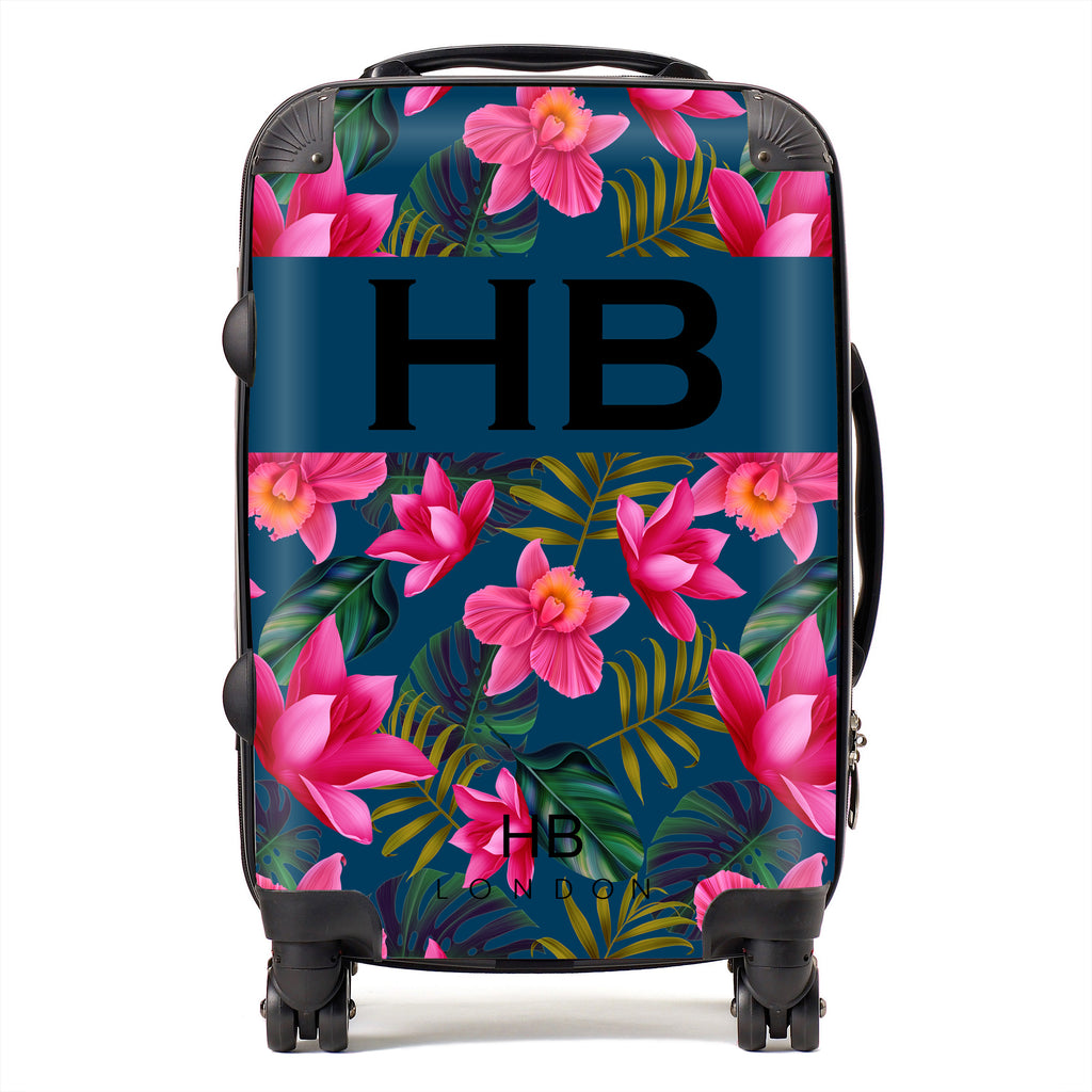 Personalised Navy Blue and Bright Pink Tropical Flowers with Black Font Initial Suitcase - HB LONDON