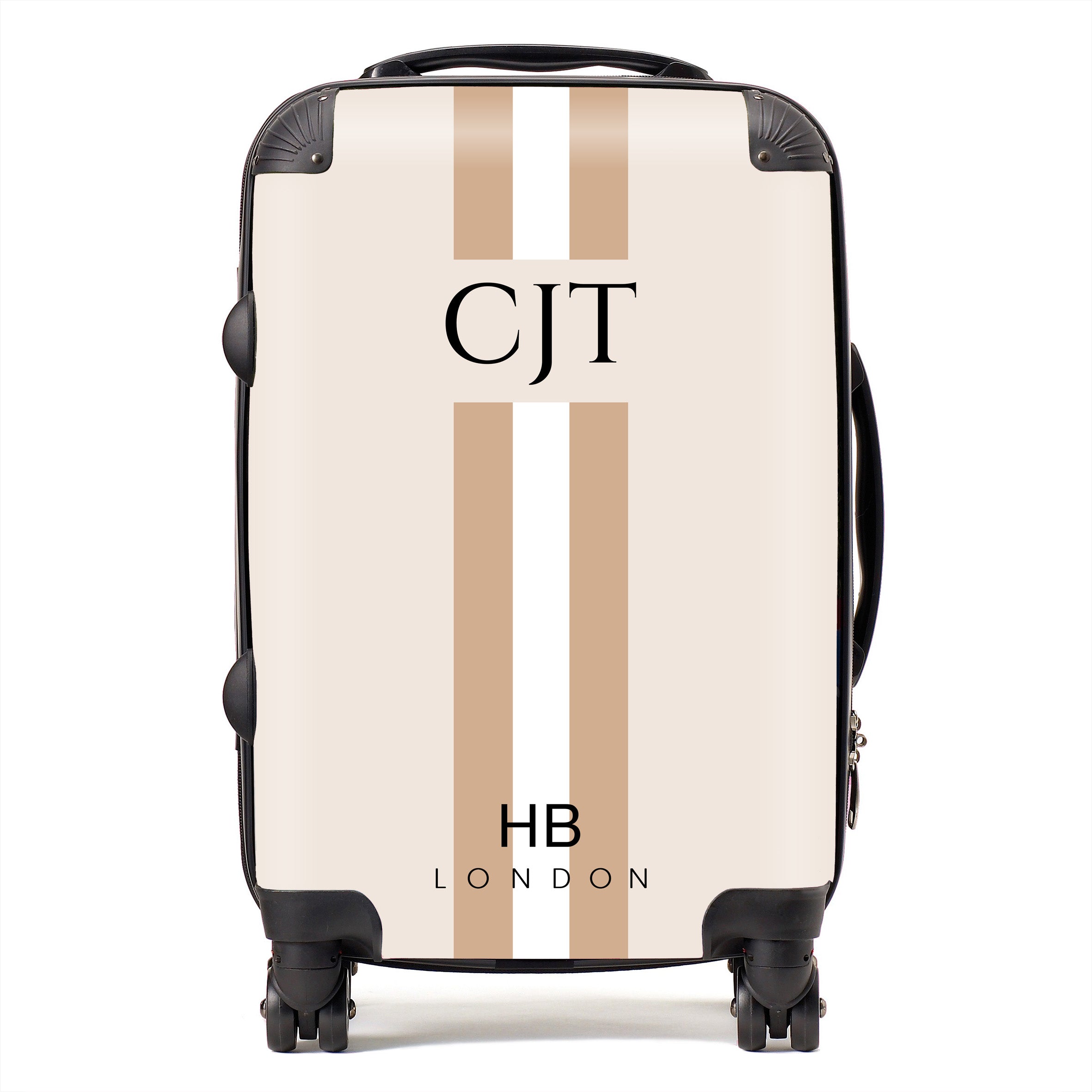 Personalised Beige White and Nude Stripe with Black Font Initial Suitcase