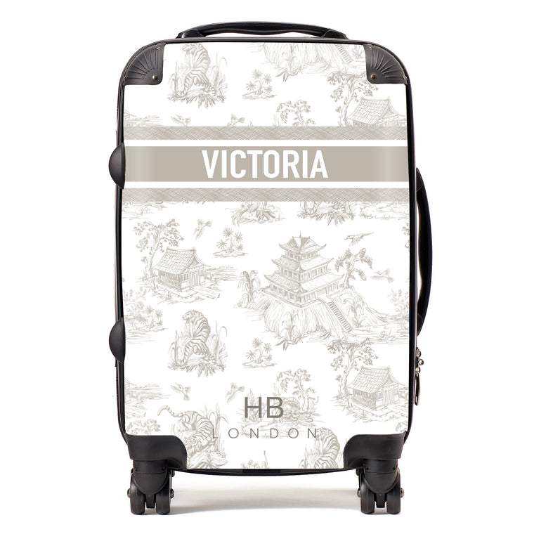 Personalised Greige Oriental Toile with Designer Font Initial Suitcase - HB LONDON