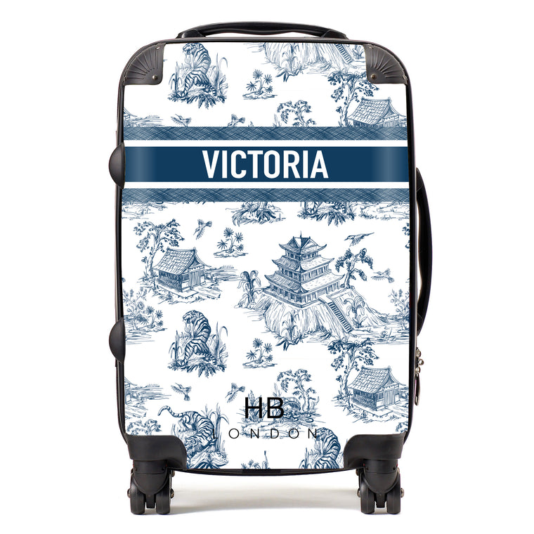 Personalised Navy Oriental Toile with Designer Font Initial Suitcase - HB LONDON