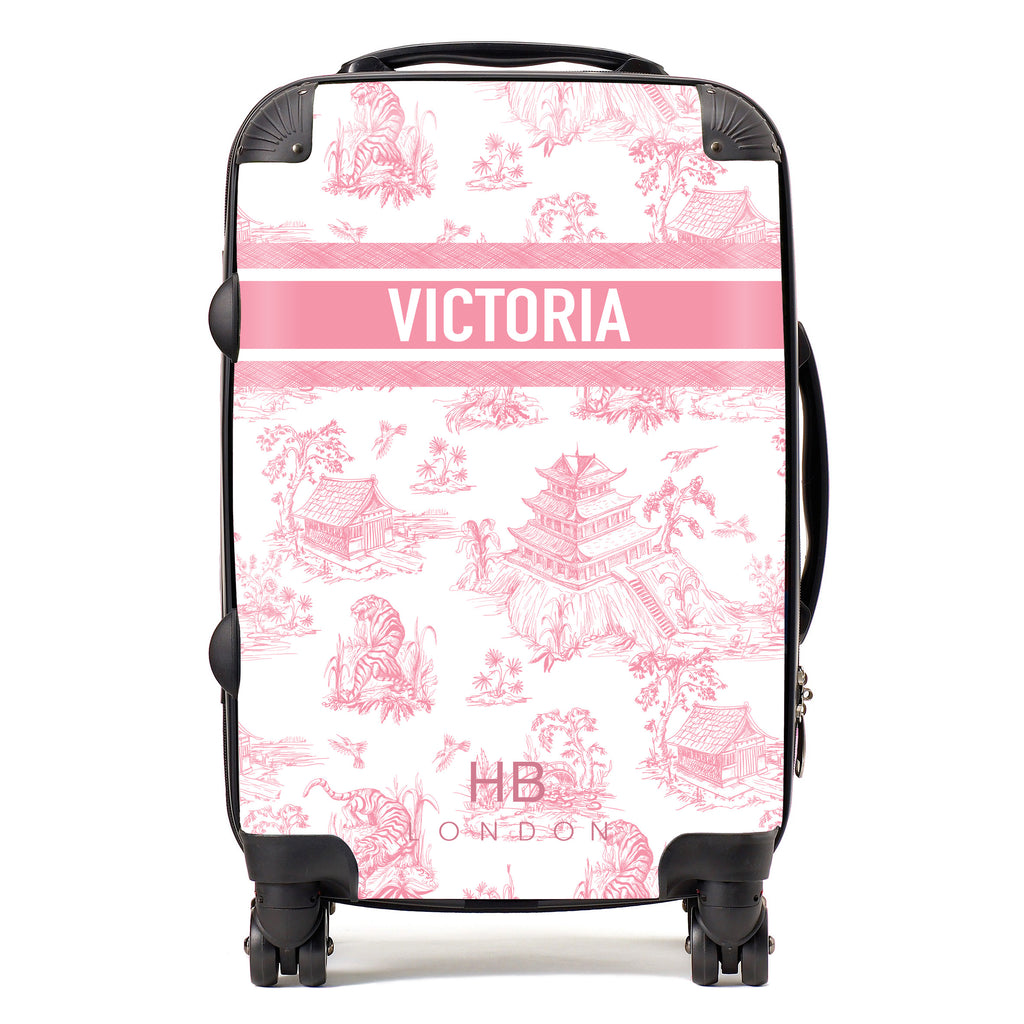 Personalised Pink Oriental Toile with Designer Font Initial Suitcase - HB LONDON