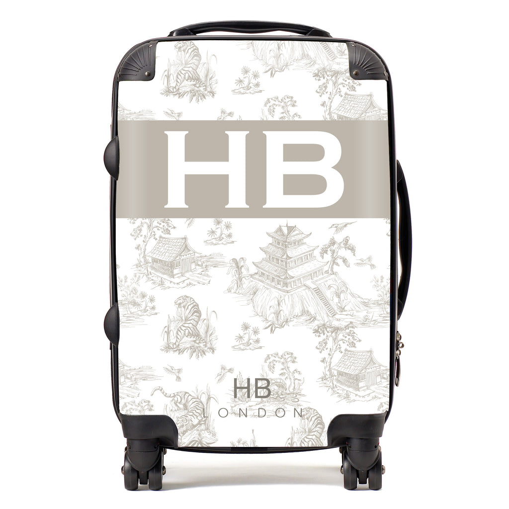 Personalised Greige Oriental Toile with Original Font Initial Suitcase - HB LONDON